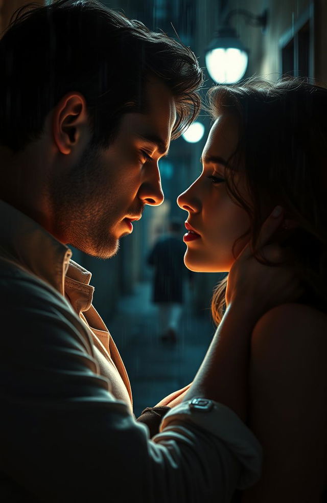 A passionate romantic scene depicting a couple in an intense embrace, their faces inches apart, filled with strong emotions of love and betrayal