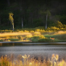 A vibrant sunset over an undisturbed, crystal clear lake, surrounded by a luscious, dense forest. A lively deer family is grazing by the lake, evoking a sense of tranquility.