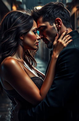 A passionate romantic scene depicting a couple in an intense embrace, their faces inches apart, filled with strong emotions of love and betrayal