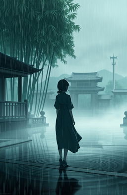 A melancholic rainy day, featuring a picturesque Asian landscape