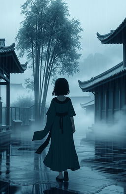 A melancholic rainy day, featuring a picturesque Asian landscape