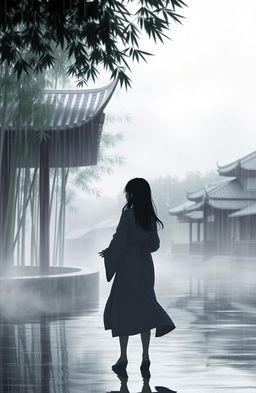 A melancholic rainy day, featuring a picturesque Asian landscape