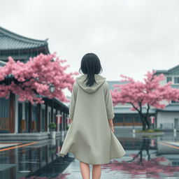 A melancholic rainy day scene in an Asian-inspired environment, featuring a girl with her back turned, wearing a light, flowing raincoat