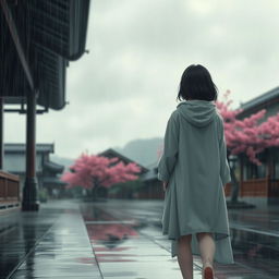 A melancholic rainy day scene in an Asian-inspired environment, featuring a girl with her back turned, wearing a light, flowing raincoat