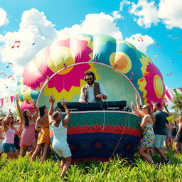 A vibrant and colorful scene featuring a DJ performing at a lively outdoor party, set on a large, vividly patterned balloon