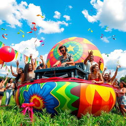 A vibrant and colorful scene featuring a DJ performing at a lively outdoor party, set on a large, vividly patterned balloon