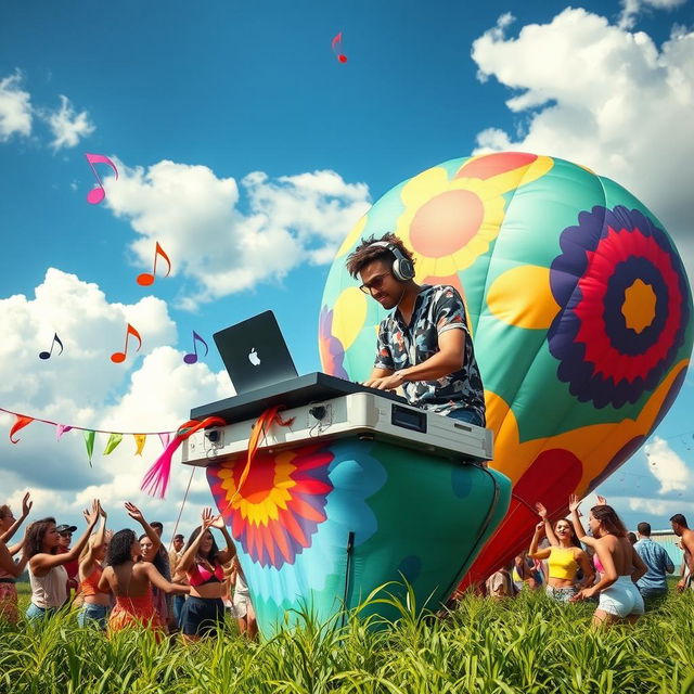 A vibrant and colorful scene featuring a DJ performing at a lively outdoor party, set on a large, vividly patterned balloon