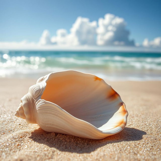 An intricately designed sea shell lying on a sandy beach, the shell is detailed and textured, showing fine lines and patterns