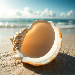 An intricately designed sea shell lying on a sandy beach, the shell is detailed and textured, showing fine lines and patterns
