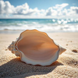 An intricately designed sea shell lying on a sandy beach, the shell is detailed and textured, showing fine lines and patterns