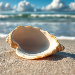 An intricately designed sea shell lying on a sandy beach, the shell is detailed and textured, showing fine lines and patterns