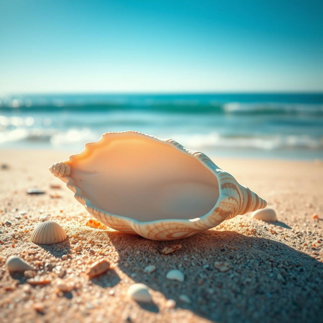 A highly detailed image of a sea shell displayed on a pristine sandy beach