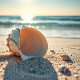 A highly detailed image of a sea shell displayed on a pristine sandy beach