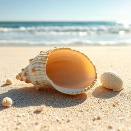 A highly detailed image of a sea shell displayed on a pristine sandy beach