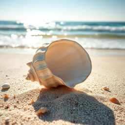 A highly detailed image of a sea shell displayed on a pristine sandy beach