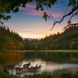 A vibrant sunset over an undisturbed, crystal clear lake, surrounded by a luscious, dense forest. A lively deer family is grazing by the lake, evoking a sense of tranquility.