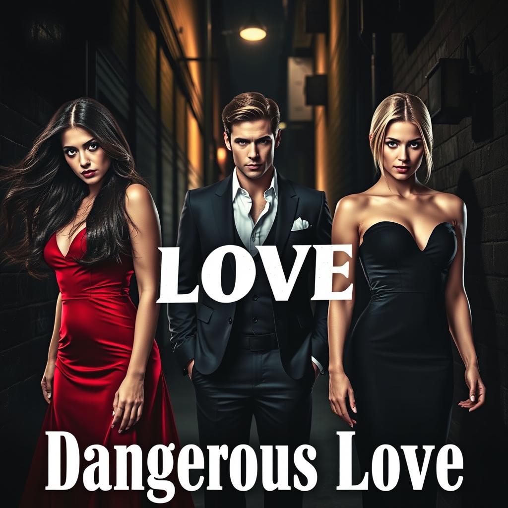 A thrilling and passionate scene that encapsulates the theme of 'Dangerous Love,' featuring two sisters and one man caught in a web of love and betrayal