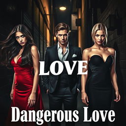 A thrilling and passionate scene that encapsulates the theme of 'Dangerous Love,' featuring two sisters and one man caught in a web of love and betrayal