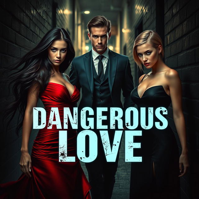 A thrilling and passionate scene that encapsulates the theme of 'Dangerous Love,' featuring two sisters and one man caught in a web of love and betrayal