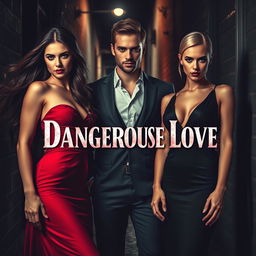 A thrilling and passionate scene that encapsulates the theme of 'Dangerous Love,' featuring two sisters and one man caught in a web of love and betrayal