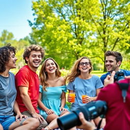 A vibrant outdoor scene featuring five friends in a sunny park, each displaying unique joyful expressions while interacting with one another
