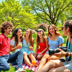 A vibrant outdoor scene featuring five friends in a sunny park, each displaying unique joyful expressions while interacting with one another