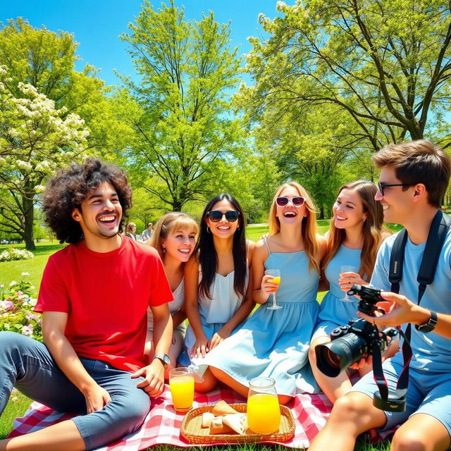 A vibrant outdoor scene featuring five friends in a sunny park, each displaying unique joyful expressions while interacting with one another