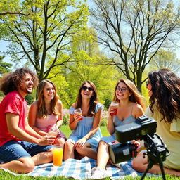 A vibrant outdoor scene featuring five friends in a sunny park, each displaying unique joyful expressions while interacting with one another