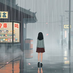 A melancholic rainy day scene infused with Asian vibes, featuring a girl with her back turned, standing centrally in the foreground