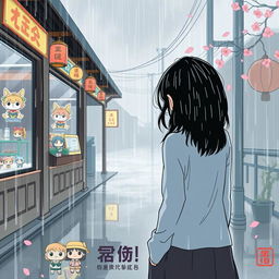 A melancholic rainy day scene infused with Asian vibes, featuring a girl with her back turned, standing centrally in the foreground
