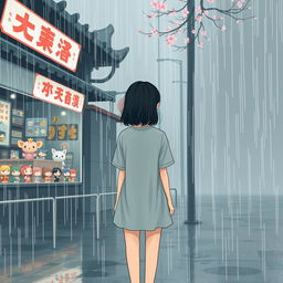 A melancholic rainy day scene infused with Asian vibes, featuring a girl with her back turned, standing centrally in the foreground