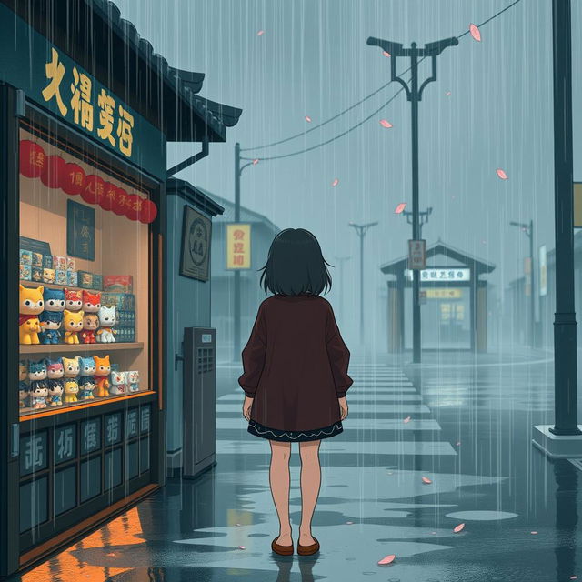 A melancholic rainy day scene infused with Asian vibes, featuring a girl with her back turned, standing centrally in the foreground