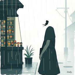 A melancholic rainy day scene featuring an Asian girl standing with her back turned, her silhouette framed against the backdrop of a soft, diffused light