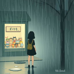 A melancholic rainy day scene featuring an Asian girl standing with her back turned, her silhouette framed against the backdrop of a soft, diffused light