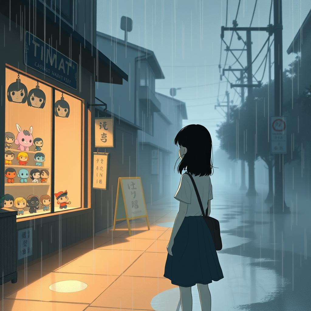 A melancholic rainy day scene featuring an Asian girl standing with her back turned, her silhouette framed against the backdrop of a soft, diffused light