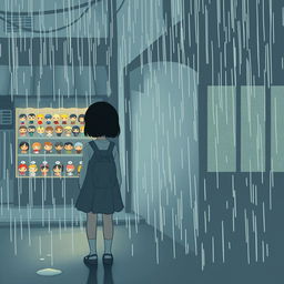 A melancholic rainy day scene featuring an Asian girl standing with her back turned, her silhouette framed against the backdrop of a soft, diffused light