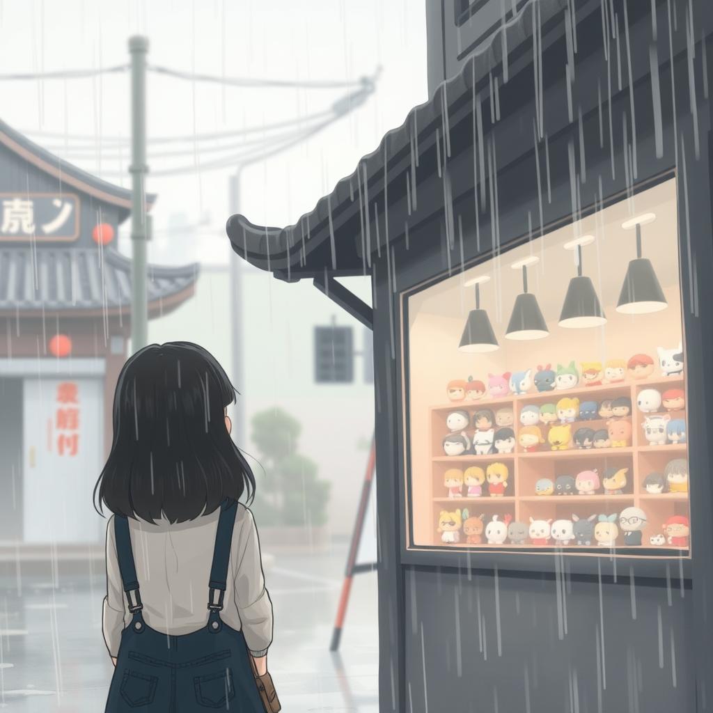 A melancholic rainy day scene showcasing a girl with her back turned, standing in front of a charming shop