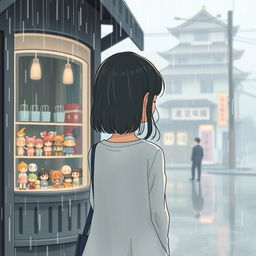 A melancholic rainy day scene showcasing a girl with her back turned, standing in front of a charming shop