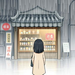 A melancholic rainy day scene showcasing a girl with her back turned, standing in front of a charming shop
