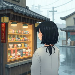 A melancholic rainy day scene showcasing a girl with her back turned, standing in front of a charming shop