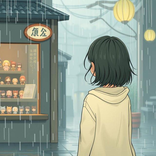 A melancholic rainy day scene showcasing an Asian aesthetic