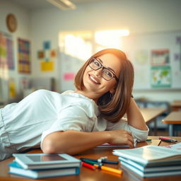 A confident teacher laying on her back on a wooden desk, with a relaxed expression