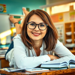 A confident teacher laying on her back on a wooden desk, with a relaxed expression