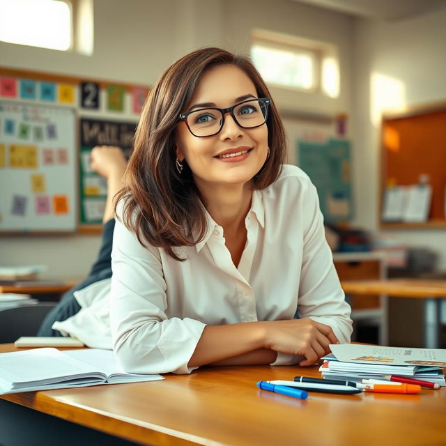 A confident teacher laying on her back on a wooden desk, with a relaxed expression