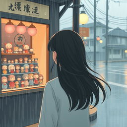 A melancholic rainy day scene capturing an Asian-inspired ambiance