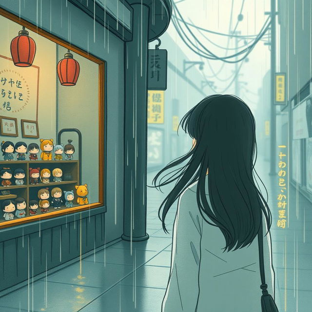 A melancholic rainy day scene capturing an Asian-inspired ambiance