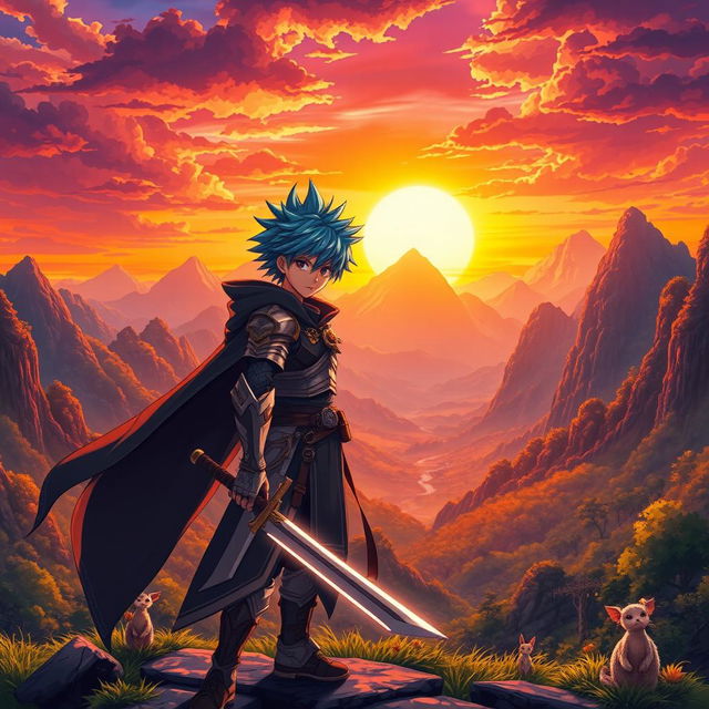 An epic anime scene featuring a vibrant, fantastical landscape with towering mountains and mystical forests