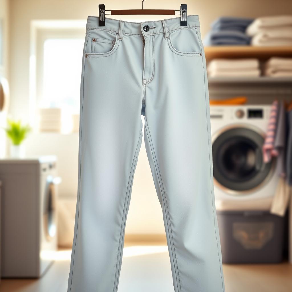 A pair of stylish, clean pants featuring a trendy design, displayed in a bright and airy laundry room