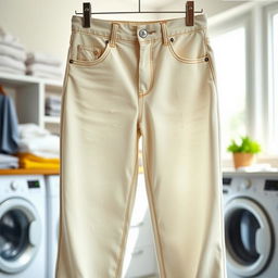 A pair of stylish, clean pants featuring a trendy design, displayed in a bright and airy laundry room