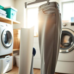 A pair of stylish, clean pants featuring a trendy design, displayed in a bright and airy laundry room